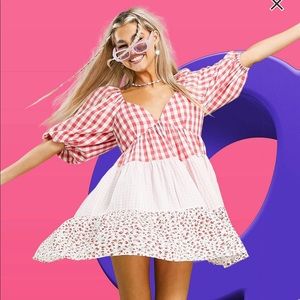 Gingham floral tiered dress